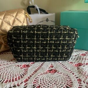 Black and Gold Tweed Cosmetic Pouch - Elegant Women’s Makeup Bag 321